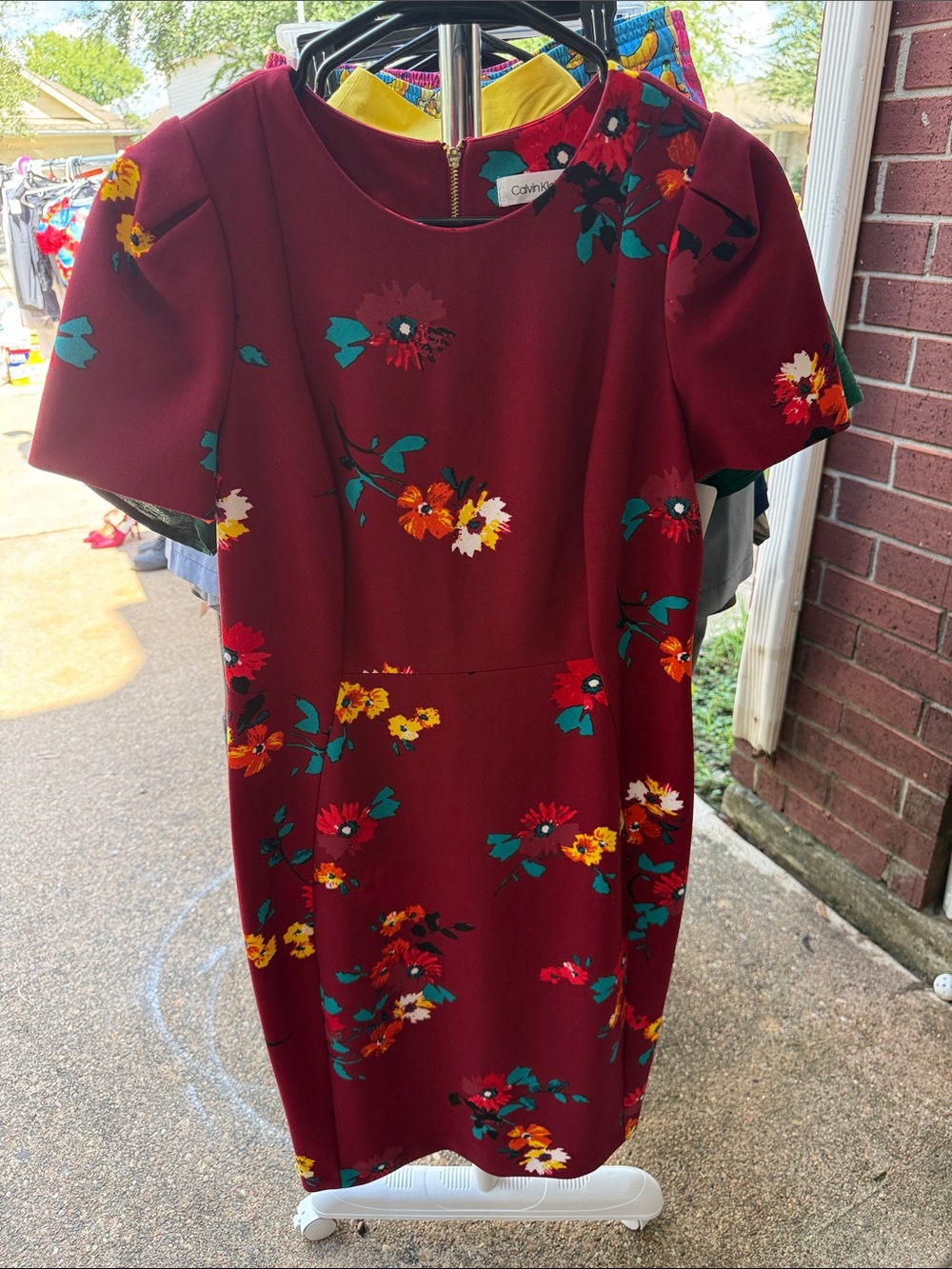 Calvin Klein Burgundy Floral Sheath Dress with Teal Accents